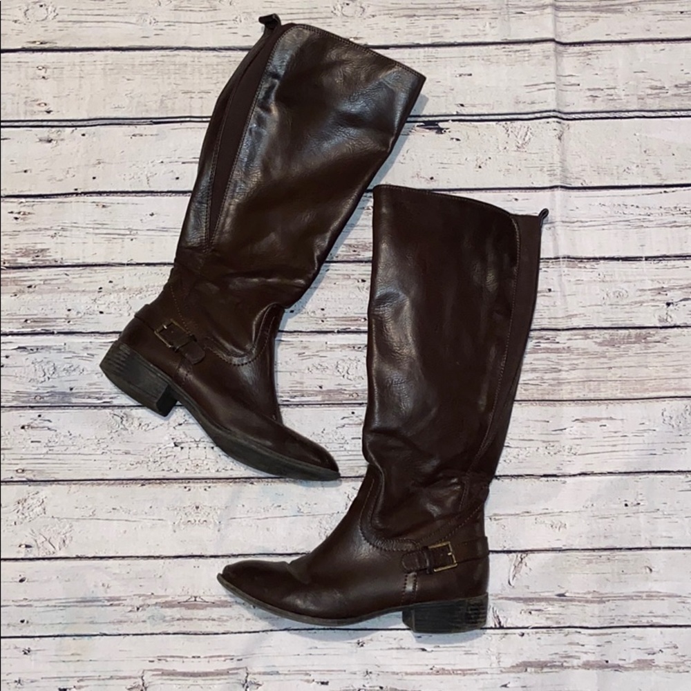 CHAPS Dark Brow Long Zip Up Leather Boots
